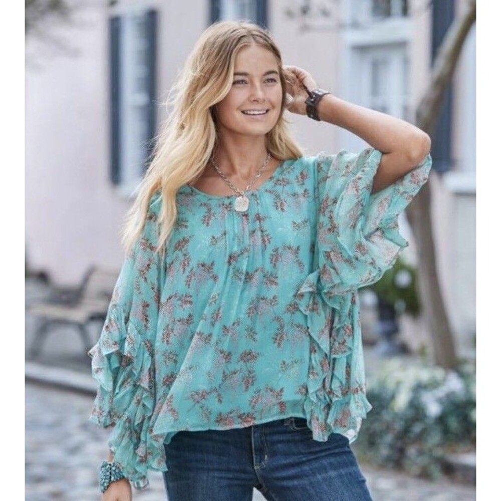 Sundance Wilde Aqua Chiffon Ruffle Loose Fit Boho Top Size Small Floral Boho